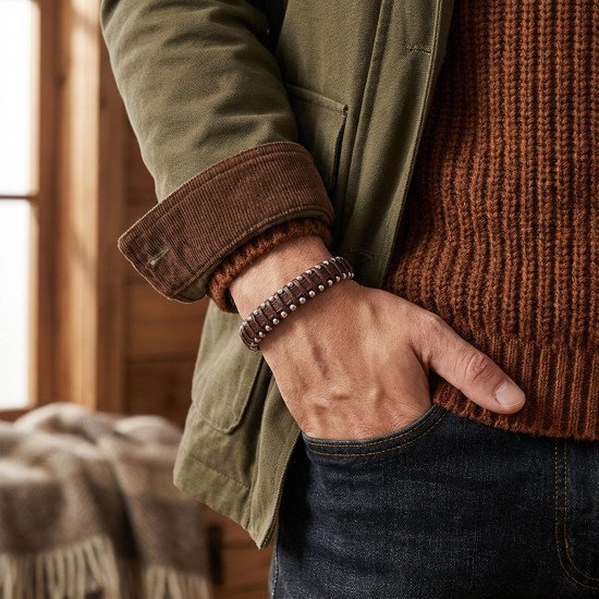 Damla çelik detaylı kahve rengi el örgüsü erkek bileklik
