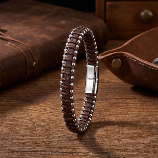 Damla çelik detaylı kahve rengi el örgüsü erkek bileklik