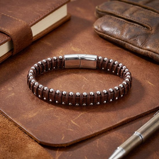 Damla çelik detaylı kahve rengi el örgüsü erkek bileklik