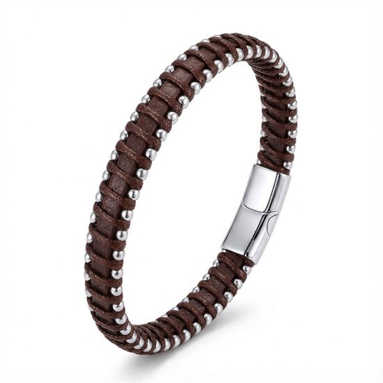 Damla çelik detaylı kahve rengi el örgüsü erkek bileklik