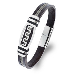 Meander Motifli Deri ve Çelik Halat Erkek Bileklik