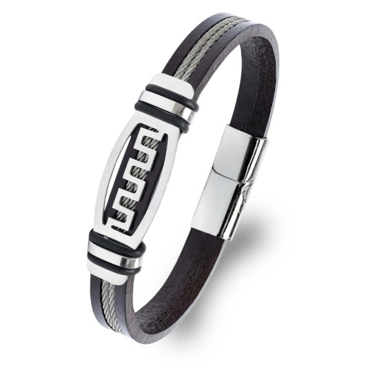 Meander Motifli Deri ve Çelik Halat Erkek Bileklik Meander Motifli Deri ve Çelik Halat Erkek Bileklik