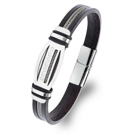 Grek Anahtarı Desenli Deri ve Çelik Halat Erkek Bileklik Grek Anahtarı Desenli Deri ve Çelik Halat Erkek Bileklik