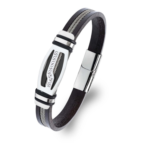 Deri Kordonlu Çelik Halat Erkek Bileklik
