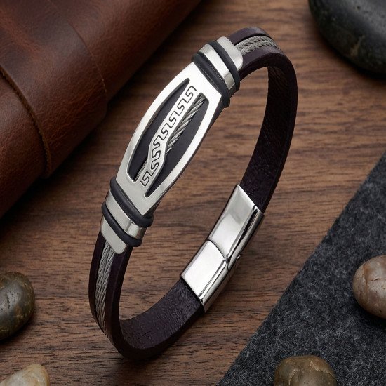 Deri Kordonlu Çelik Halat Erkek Bileklik