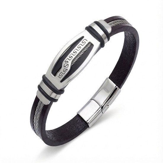 Deri Kordonlu Çelik Halat Erkek Bileklik