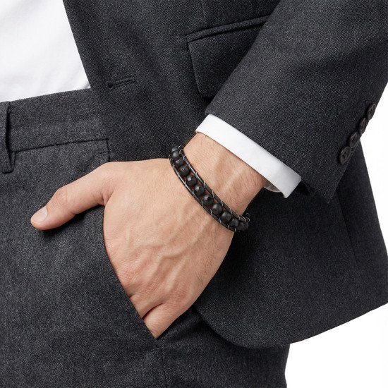 desenli oniks doğaltaşlı deri çelik erkek bileklik