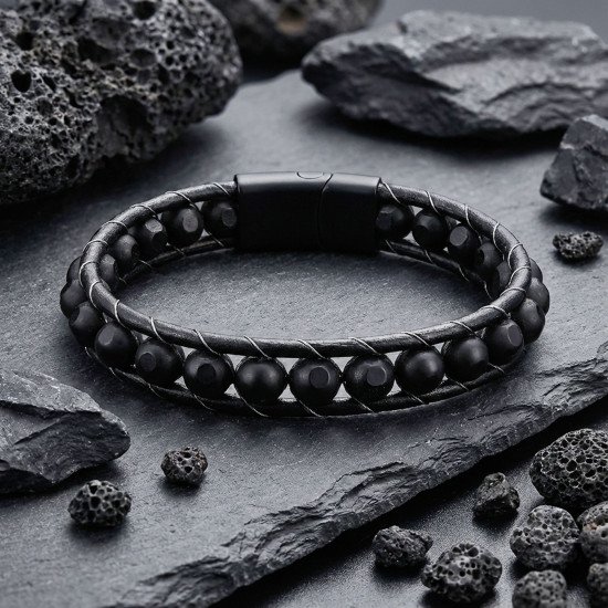 desenli oniks doğaltaşlı deri çelik erkek bileklik