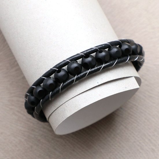 desenli oniks doğaltaşlı deri çelik erkek bileklik