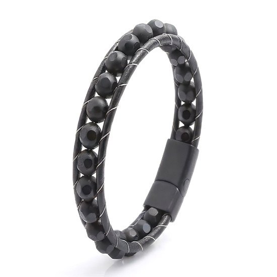 desenli oniks doğaltaşlı deri çelik erkek bileklik