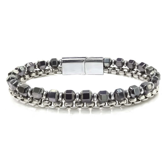 Elmas Kesim Hematit Taşlı Çelik Zincir Erkek Bileklik