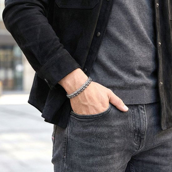 Elmas Kesim Hematit Taşlı Çelik Zincir Erkek Bileklik