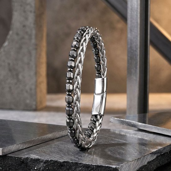 Elmas Kesim Hematit Taşlı Çelik Zincir Erkek Bileklik