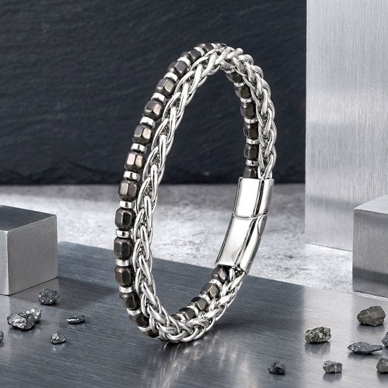Elmas Kesim Hematit Taşlı Çelik Zincir Erkek Bileklik