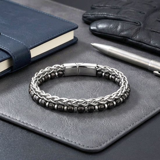 Elmas Kesim Hematit Taşlı Çelik Zincir Erkek Bileklik