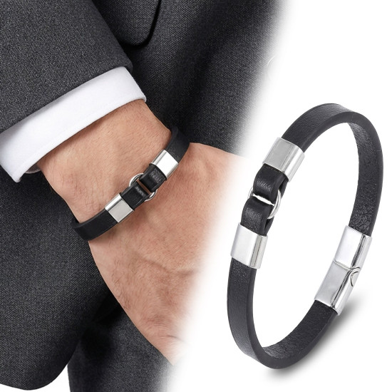 Siyah Deri Minimal Çelik Erkek Bileklik