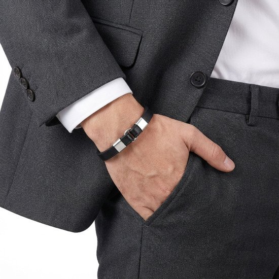 Siyah Deri Minimal Çelik Erkek Bileklik