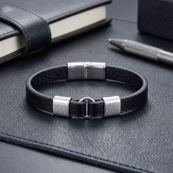 Siyah Deri Minimal Çelik Erkek Bileklik