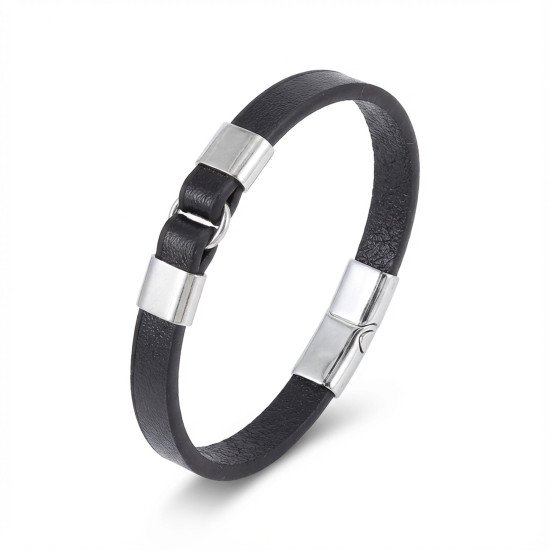 Siyah Deri Minimal Çelik Erkek Bileklik