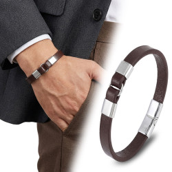 Beyaz Çelik Detaylı Kahve Deri Erkek Bileklik