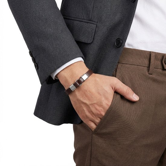 Premium beyaz çelik detaylı kahve deri erkek bileklik