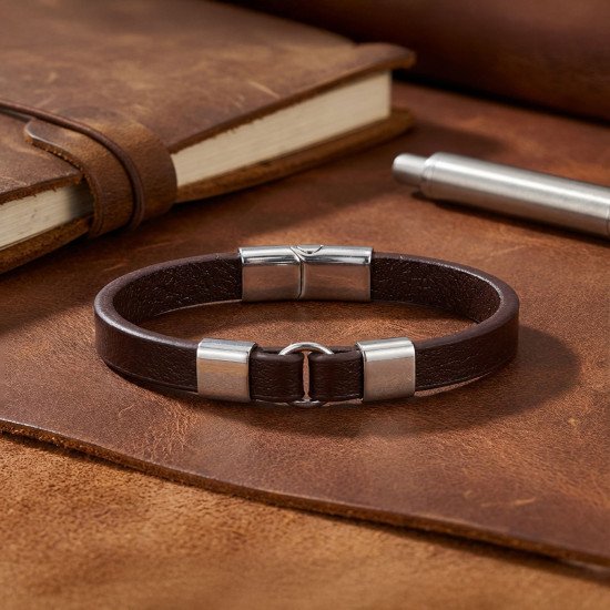 Premium beyaz çelik detaylı kahve deri erkek bileklik