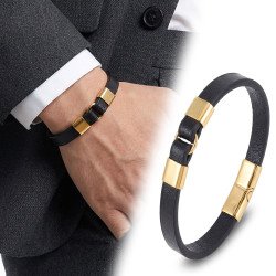 Premium Sarı Çelik Detaylı Siyah Deri Erkek Bileklik