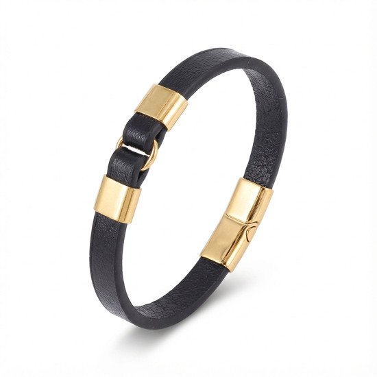 Premium Sarı Çelik Detaylı Siyah Deri Erkek Bileklik - Casera's Premium sarı çelik detaylı siyah deri erkek bileklik