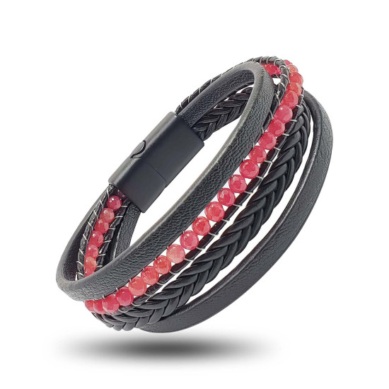 Faset kesim kırmızı akik taşlı deri erkek bileklik