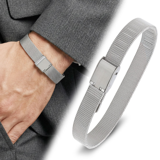 Hasır örgü desenli çelik erkek bileklik, maskülen tasarım