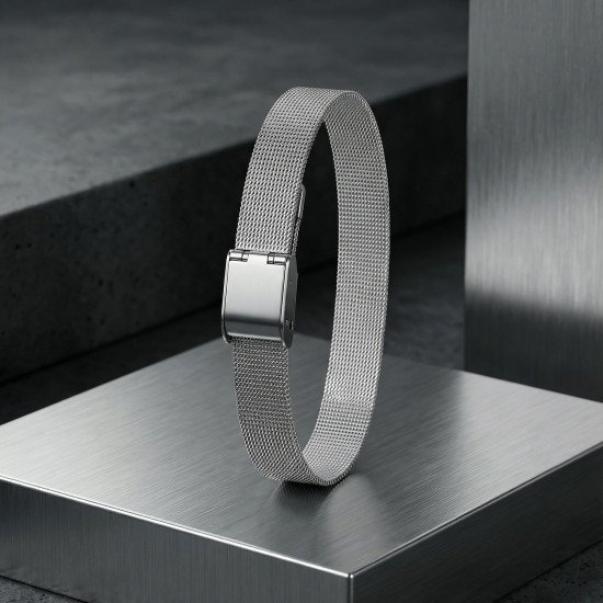 Hasır örgü desenli çelik erkek bileklik, maskülen tasarım