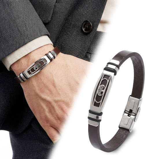 Kahverengi Deri Hayat Ağacı Motifli Çelik Erkek Bileklik Kahverengi Deri Hayat Ağacı Motifli Çelik Erkek Bileklik