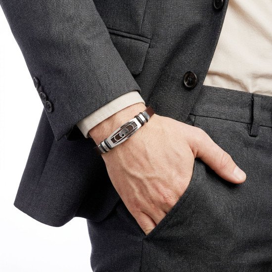 Kahverengi Deri Hayat Ağacı Motifli Çelik Erkek Bileklik Kahverengi Deri Hayat Ağacı Motifli Çelik Erkek Bileklik