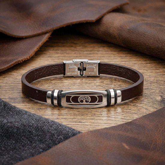 Kahverengi Deri Hayat Ağacı Motifli Çelik Erkek Bileklik Kahverengi Deri Hayat Ağacı Motifli Çelik Erkek Bileklik