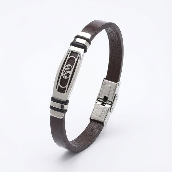 Kahverengi Deri Hayat Ağacı Motifli Çelik Erkek Bileklik Kahverengi Deri Hayat Ağacı Motifli Çelik Erkek Bileklik