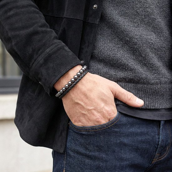 hematit doğaltaşlı deri çelik erkek bileklik