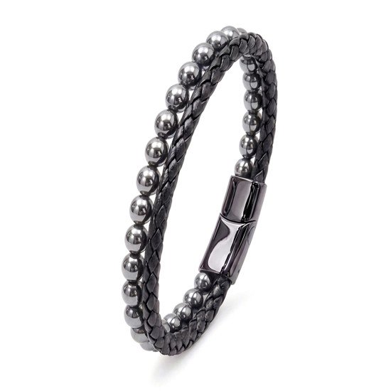 hematit doğaltaşlı deri çelik erkek bileklik
