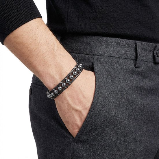 hematit doğal taşlı deri erkek bileklik