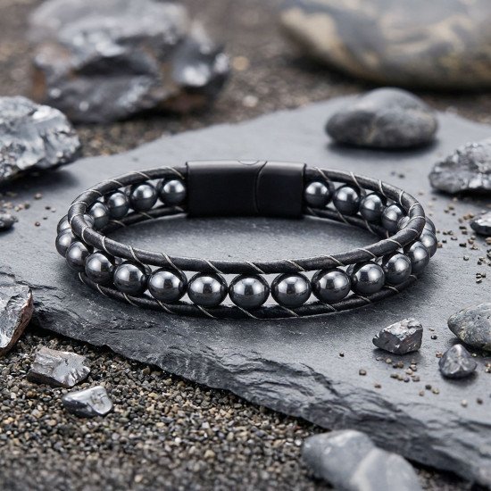 hematit doğal taşlı deri erkek bileklik