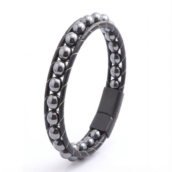 hematit doğal taşlı deri erkek bileklik
