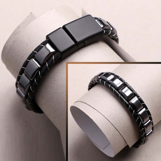 Örgülü deri ve hematit taşlı maskülen erkek bileklik Hematit taşlı örgülü doğal deri maskülen erkek bileklik