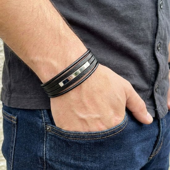 İsim Yazılabilir Çoklu Siyah Deri Erkek Bileklik