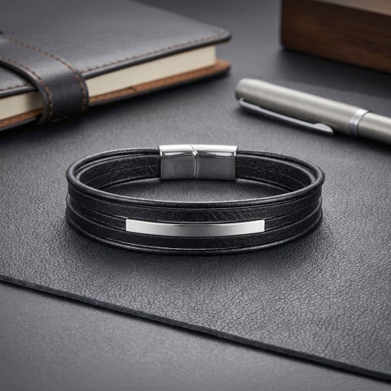 İsim Yazılabilir Çoklu Siyah Deri Erkek Bileklik