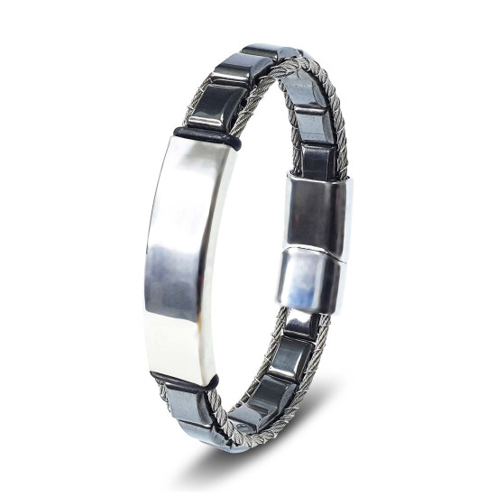 Hematit Doğal Taşlı İsim Yazılabilir Çelik Halat Erkek Bileklik