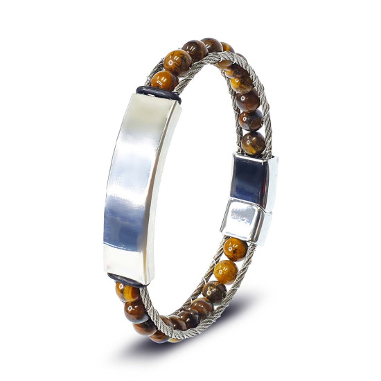 Kaplan Gözü Doğal Taşlı İsim Yazılabilir Çelik Halat Erkek Bileklik