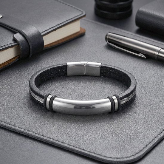 İsim Yazılabilir Çelik Halatlı Siyah Deri Erkek Bileklik - Casera's İsim yazılabilir çelik halatlı siyah deri erkek bileklik