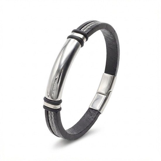 İsim Yazılabilir Çelik Halatlı Siyah Deri Erkek Bileklik - Casera's İsim yazılabilir çelik halatlı siyah deri erkek bileklik
