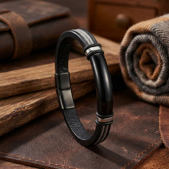 İsim Yazılabilir Çelik Halatlı Siyah Deri Erkek Bileklik - Casera's İsim yazılabilir çelik halatlı siyah deri erkek bileklik