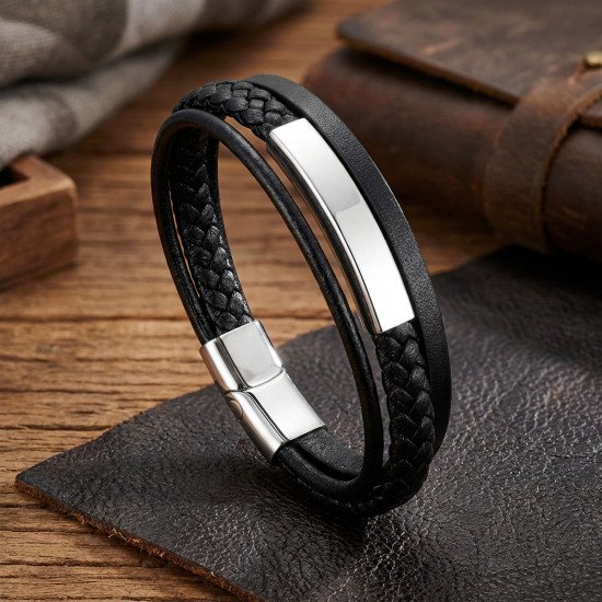 Siyah el örgüsü ve düz deri isim yazılabilir erkek bileklik