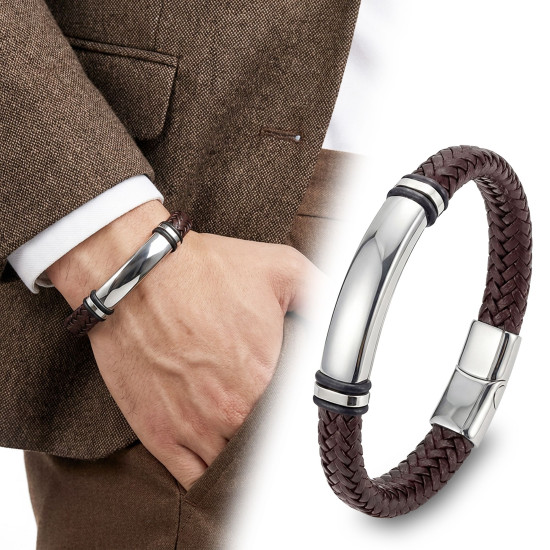 İsim yazılabilir kahverengi deri ve çelik detaylı erkek bileklik